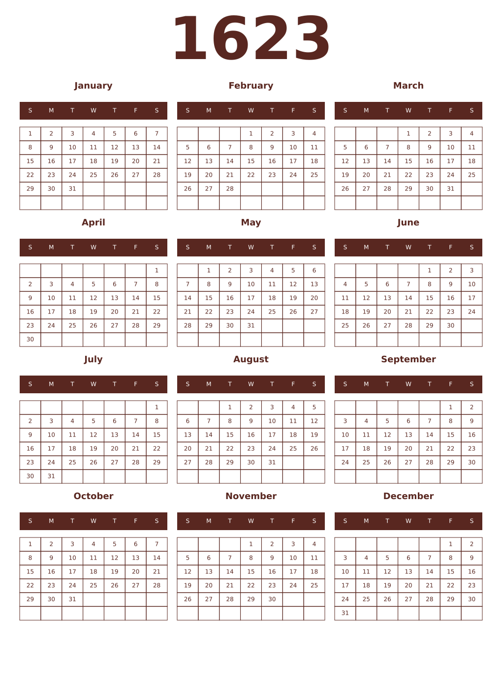 Printable 1623 Year Calendars mortuum