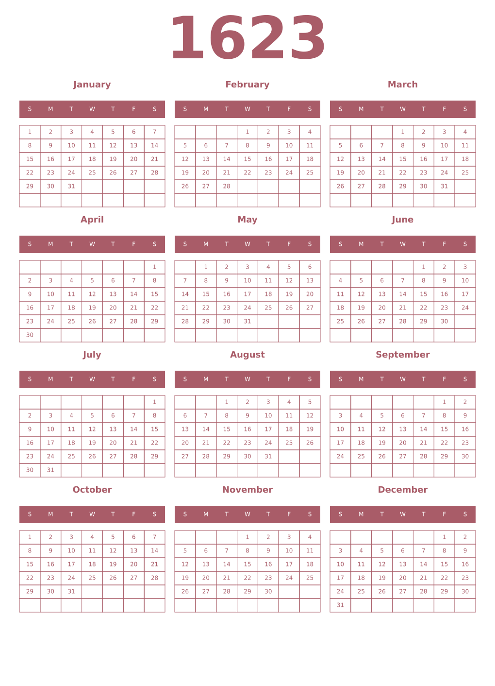 Printable 1623 Year Calendars puce