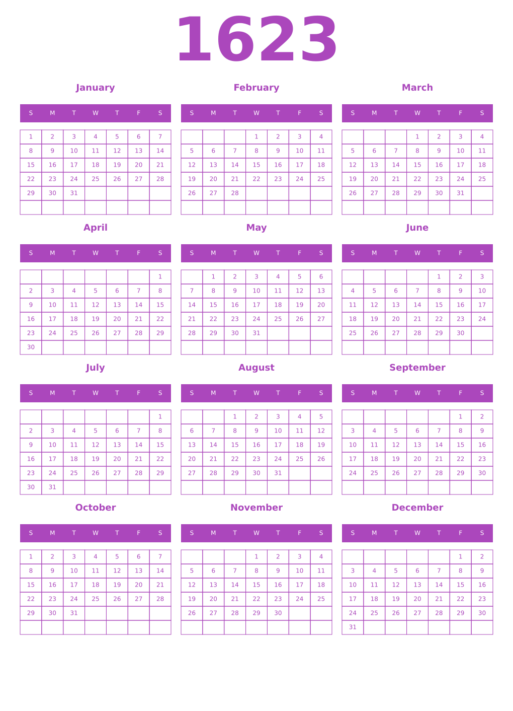 Printable 1623 Year Calendars purple