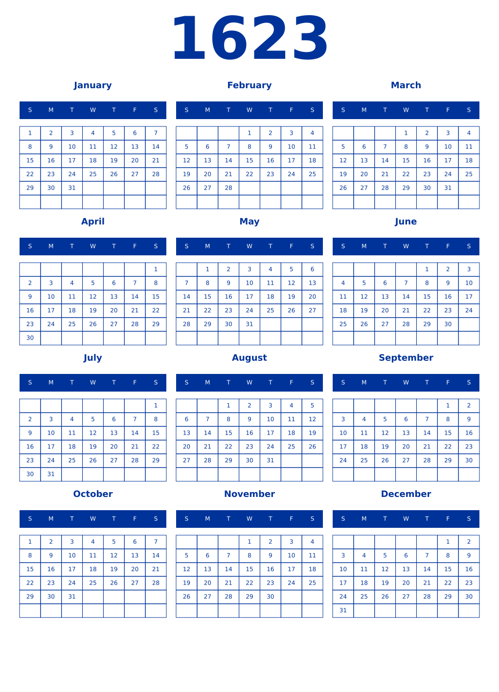 Printable 1623 Year Calendars smalt