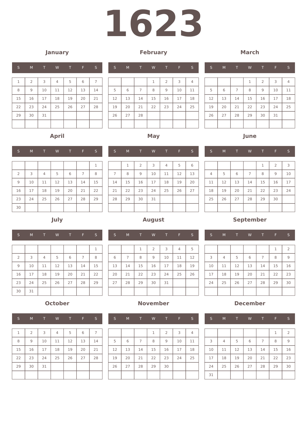 Printable 1623 Year Calendars wenge