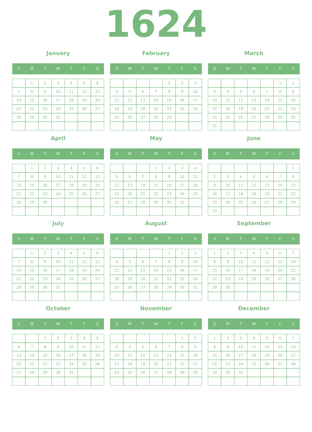 Printable 1624 Year Calendars celadon