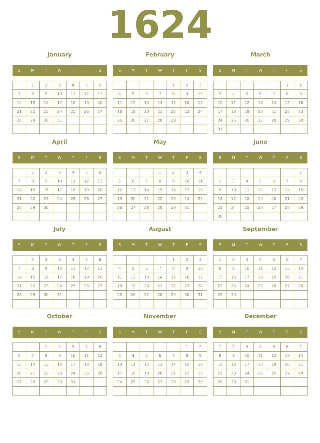 Printable 1624 Year Calendars eburnean