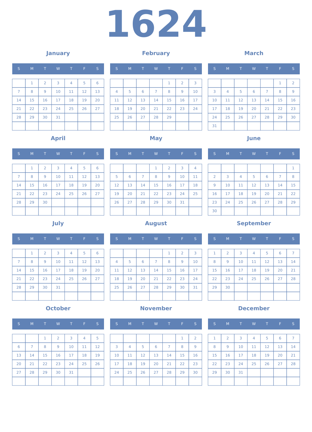 Printable 1624 Year Calendars glaucous