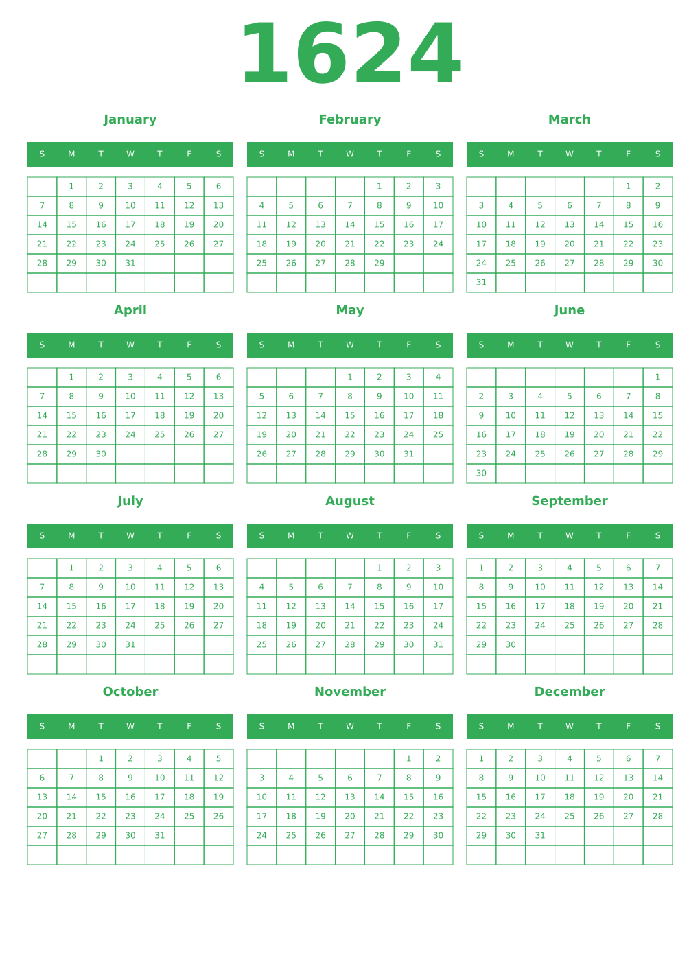 Printable 1624 Year Calendars green