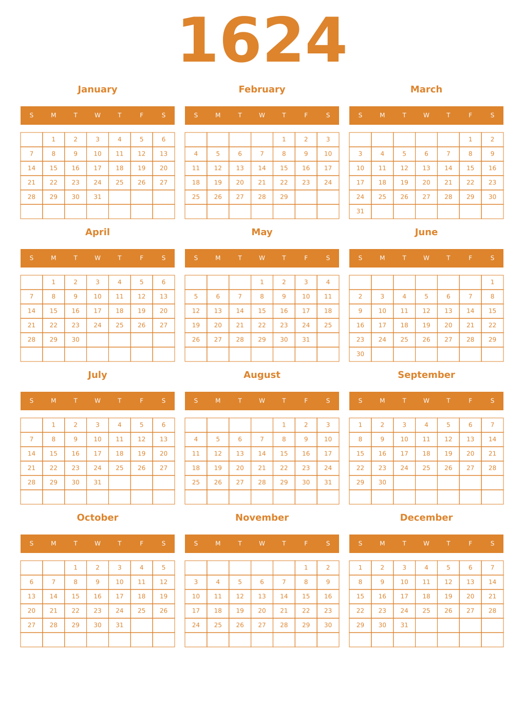 Printable 1624 Year Calendars orange
