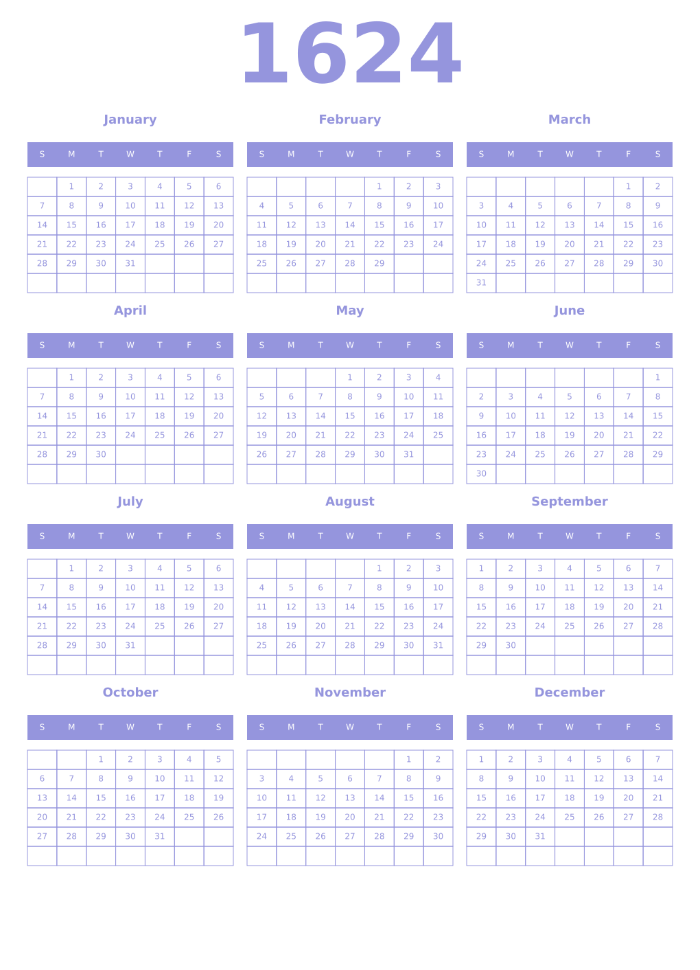 Printable 1624 Year Calendars periwinkle