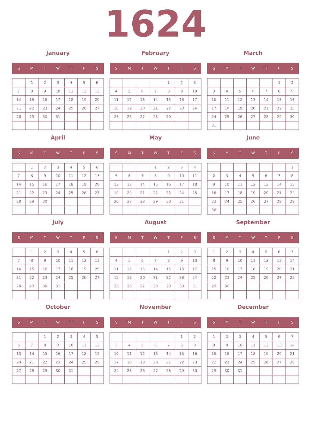 Printable 1624 Year Calendars puce