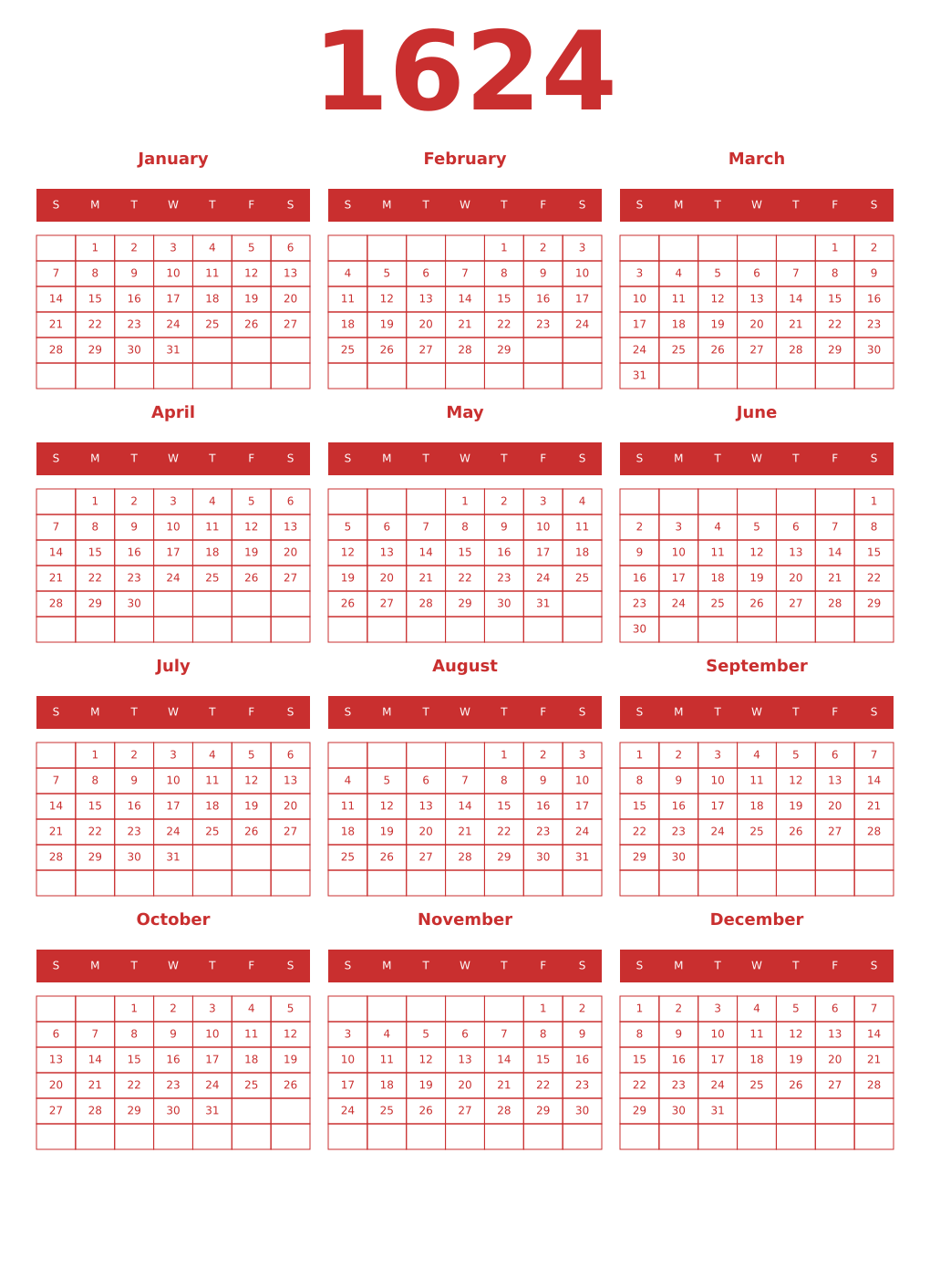 Printable 1624 Year Calendars red