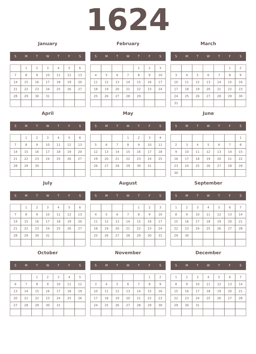 Printable 1624 Year Calendars wenge