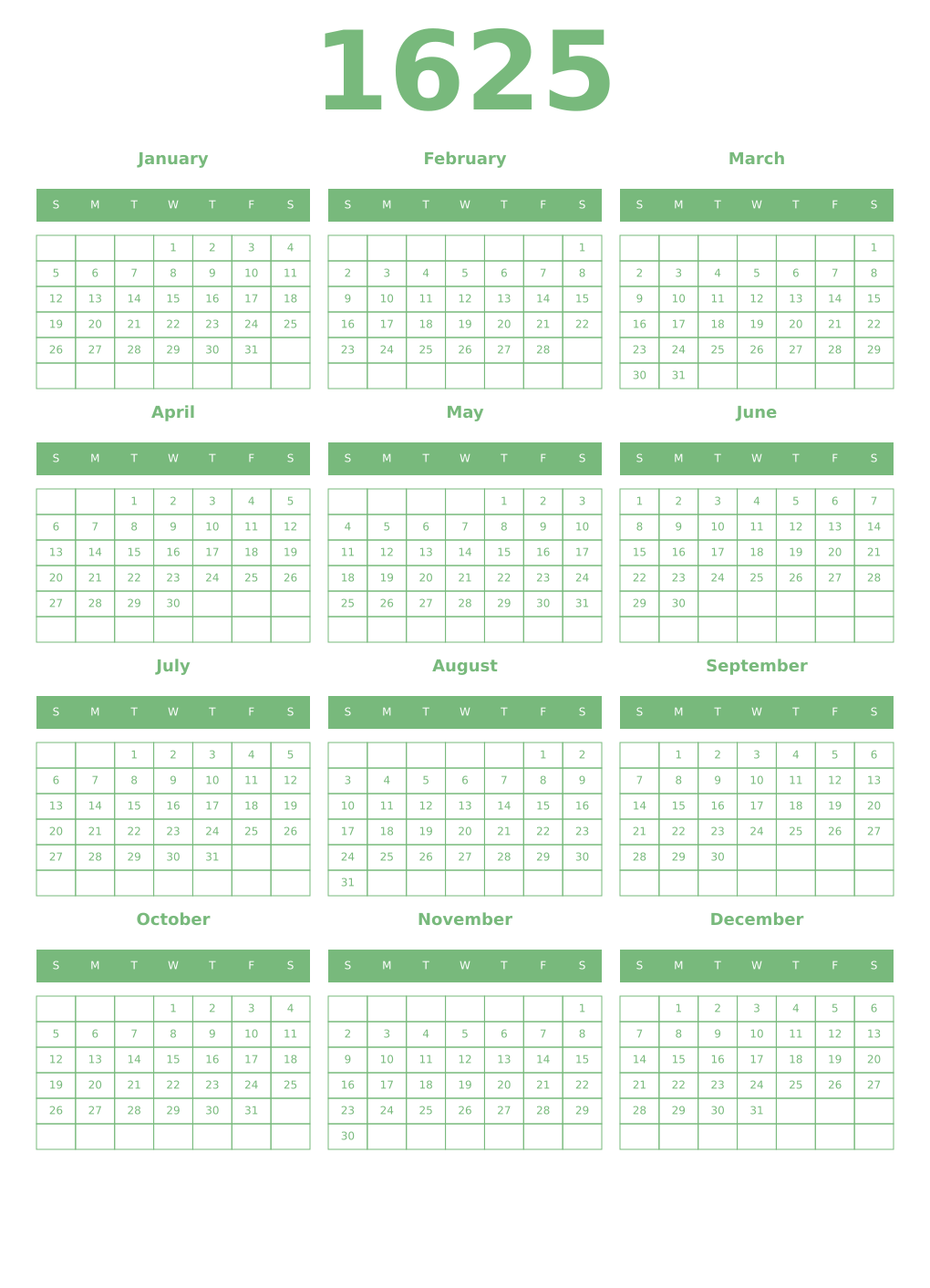 Printable 1625 Year Calendars celadon