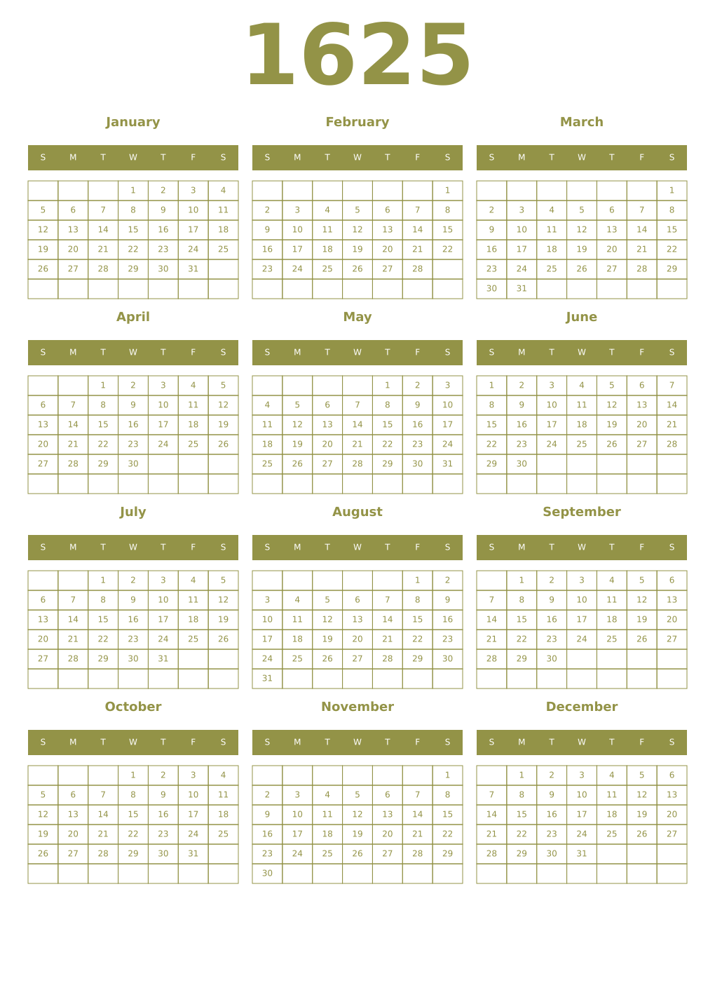Printable 1625 Year Calendars eburnean