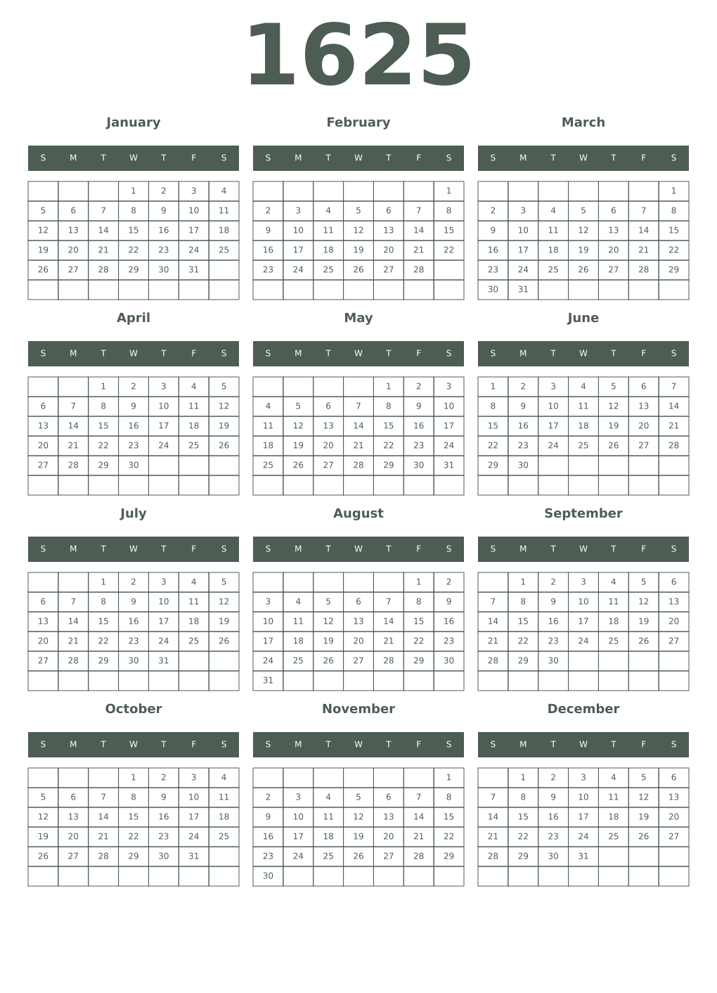 Printable 1625 Year Calendars feldgrau