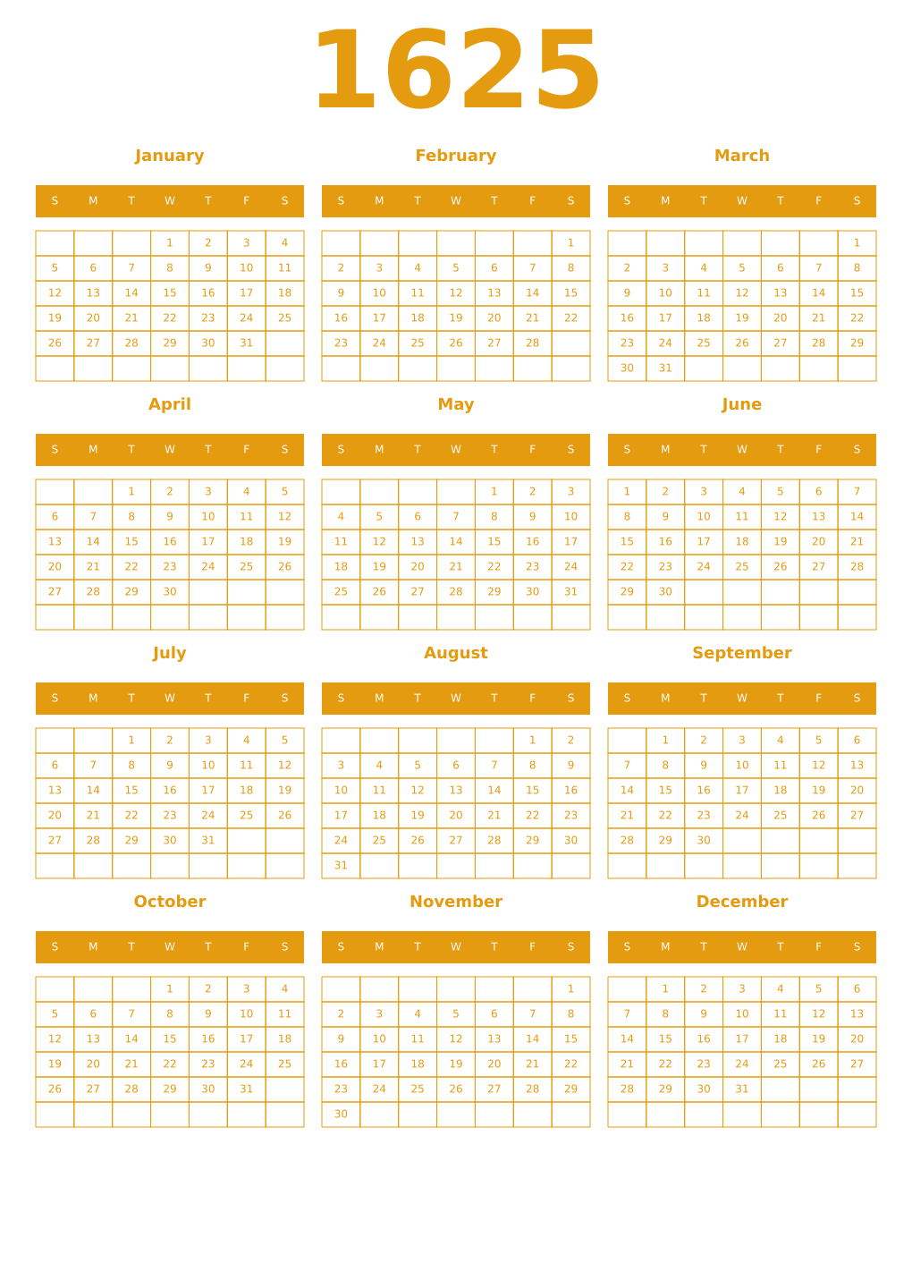 Printable 1625 Year Calendars gamboge