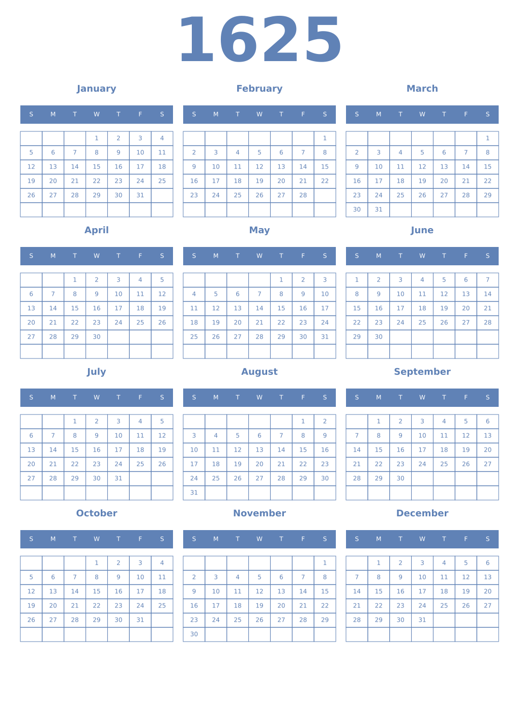 Printable 1625 Year Calendars glaucous
