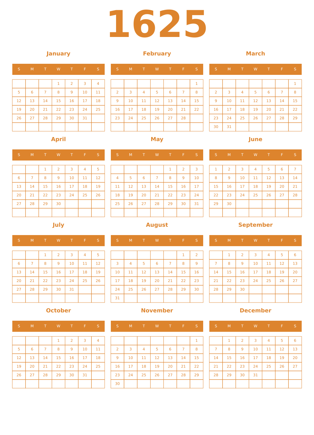 Printable 1625 Year Calendars orange