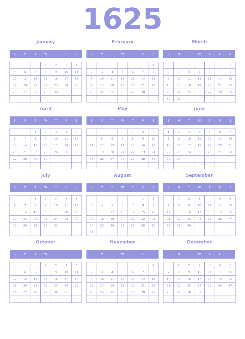 Printable 1625 Year Calendars periwinkle