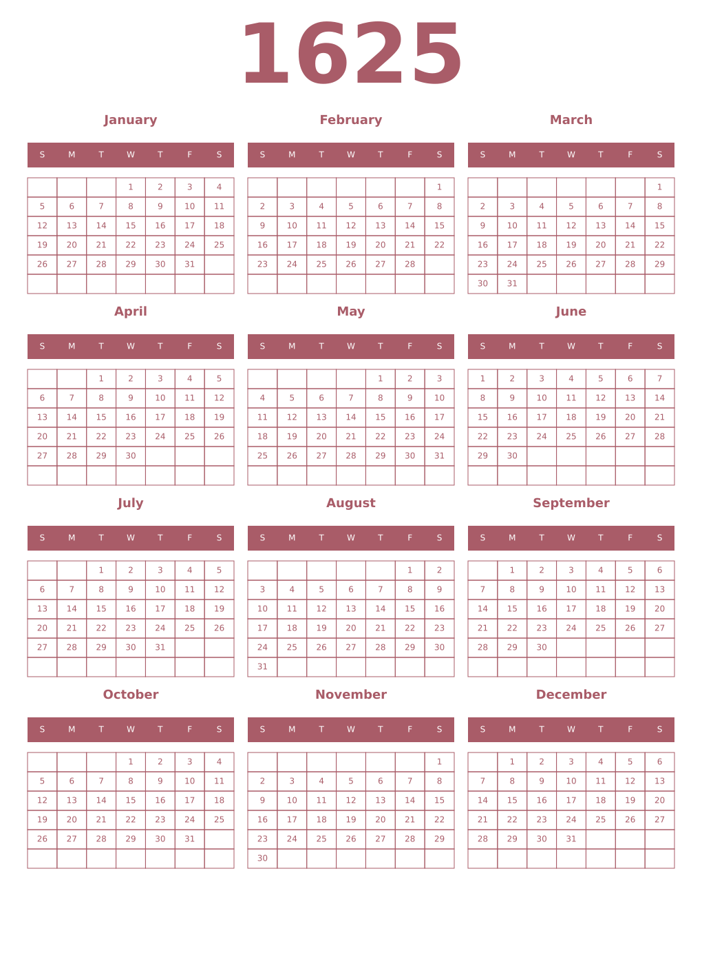Printable 1625 Year Calendars puce