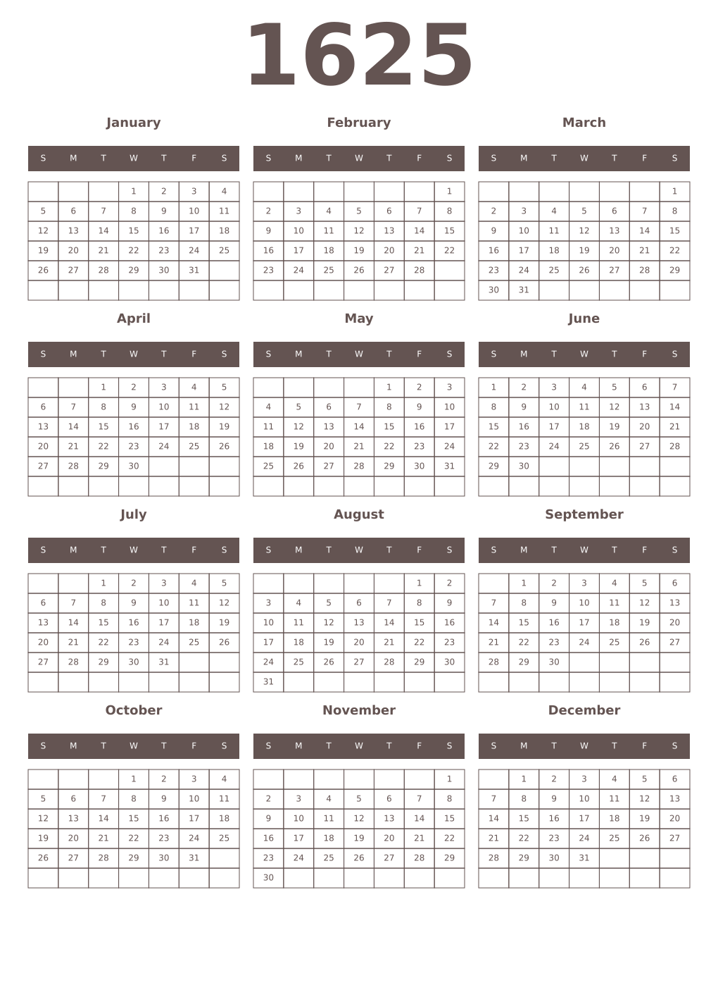 Printable 1625 Year Calendars wenge
