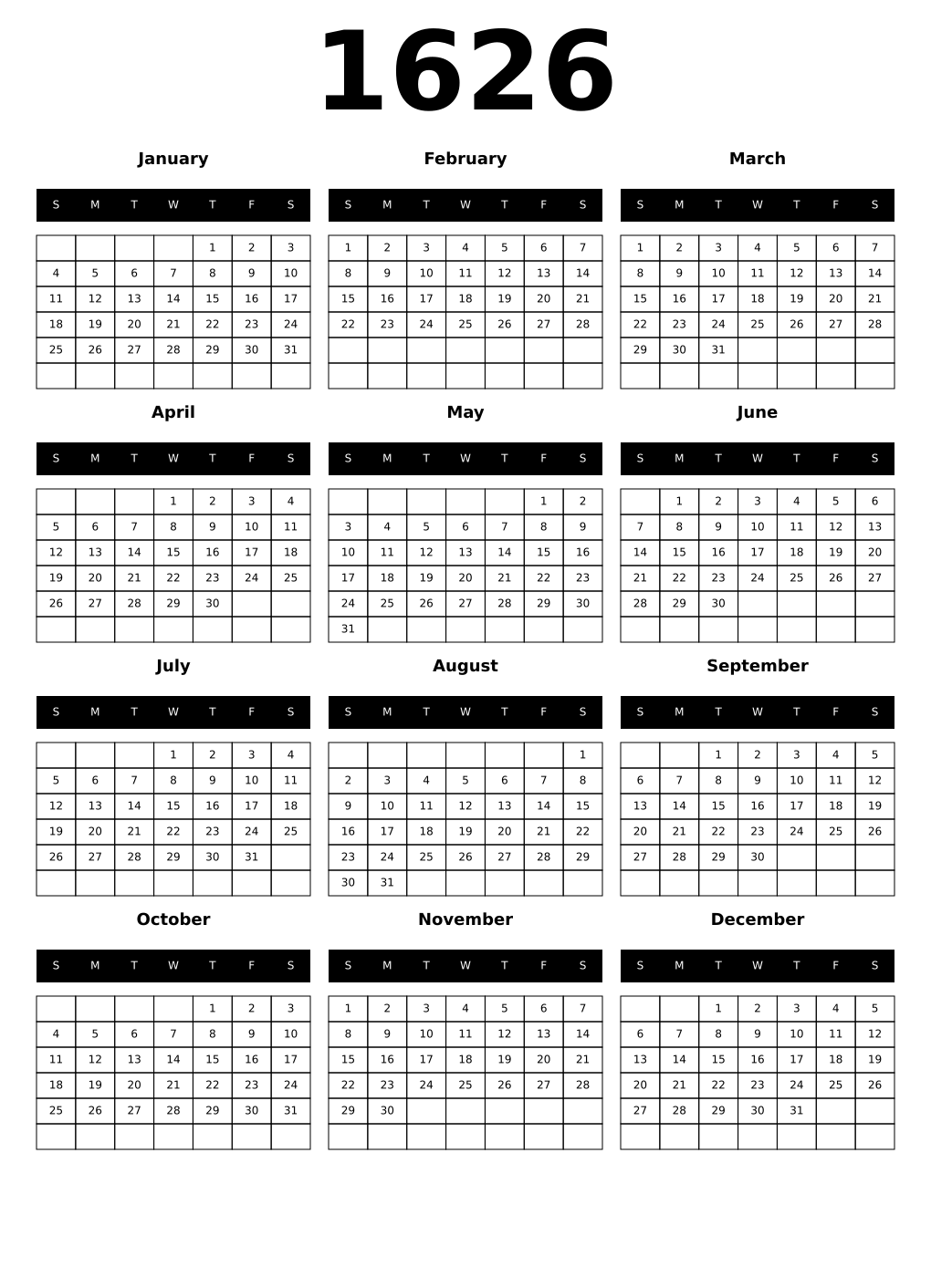 Printable 1626 Calendars
