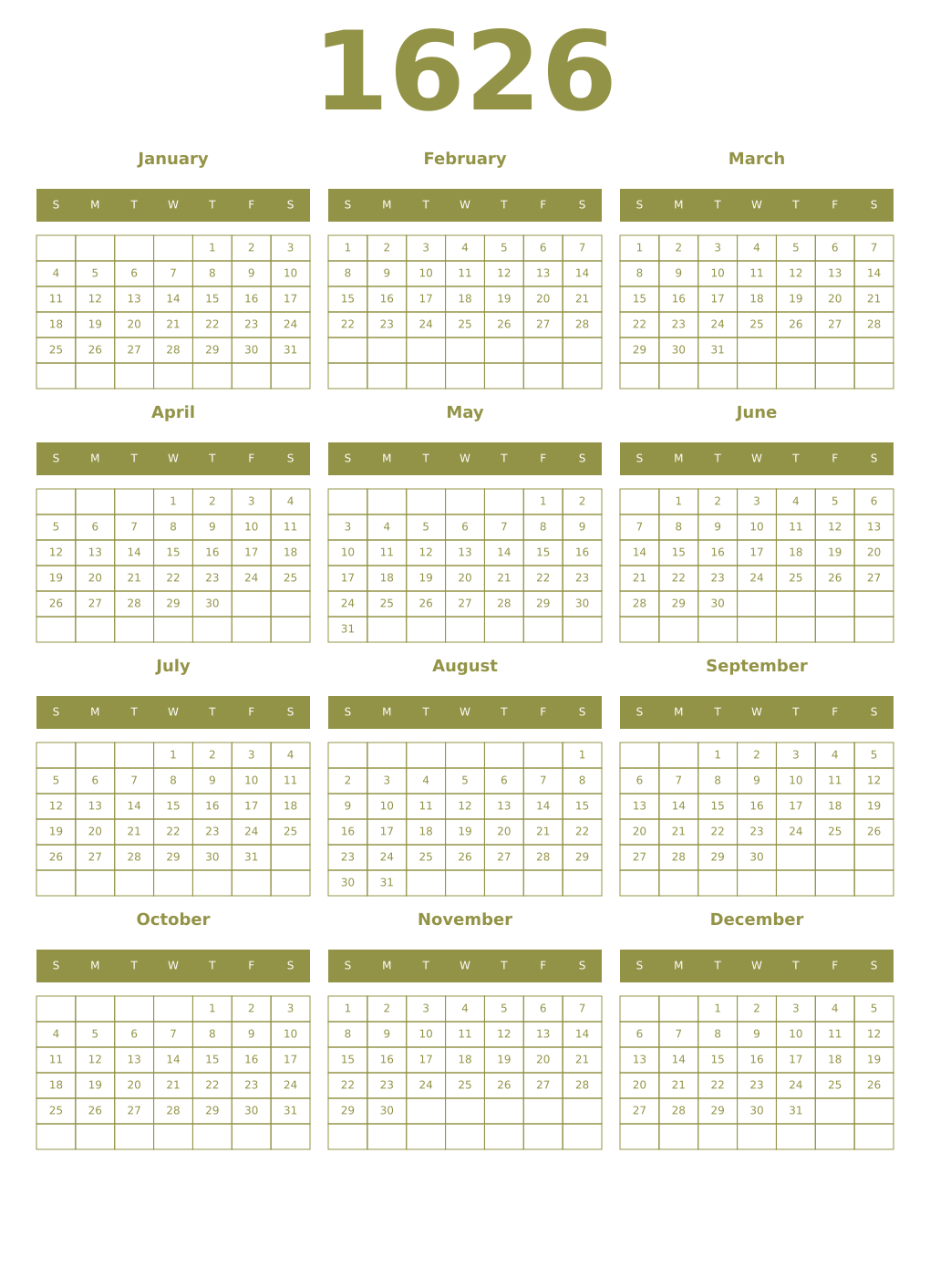 Printable 1626 Year Calendars eburnean