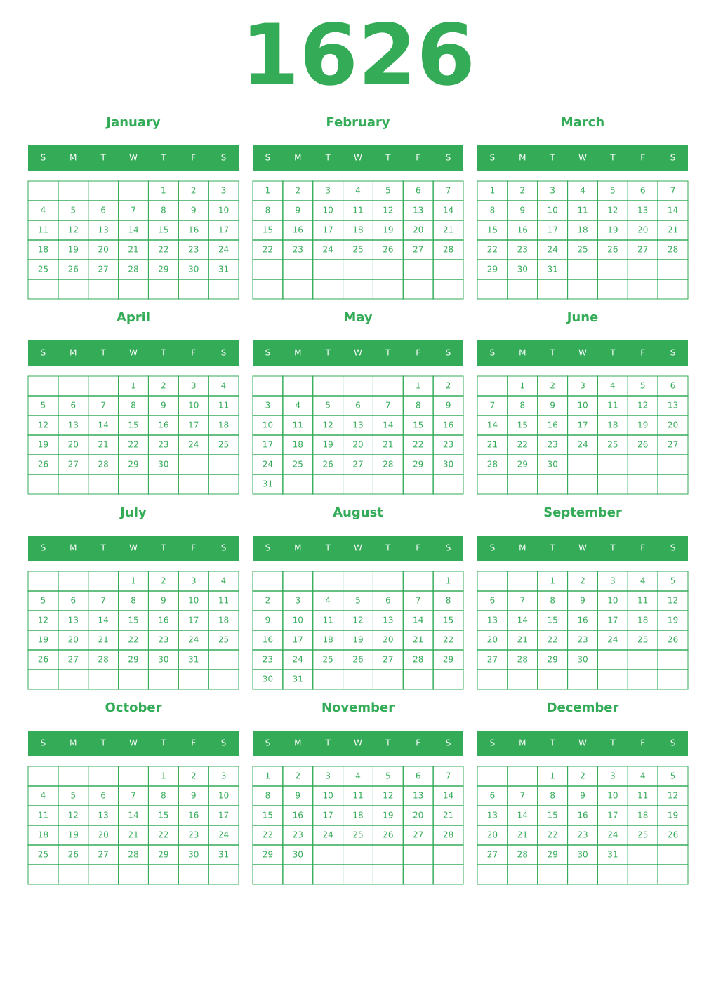 Printable 1626 Year Calendars green