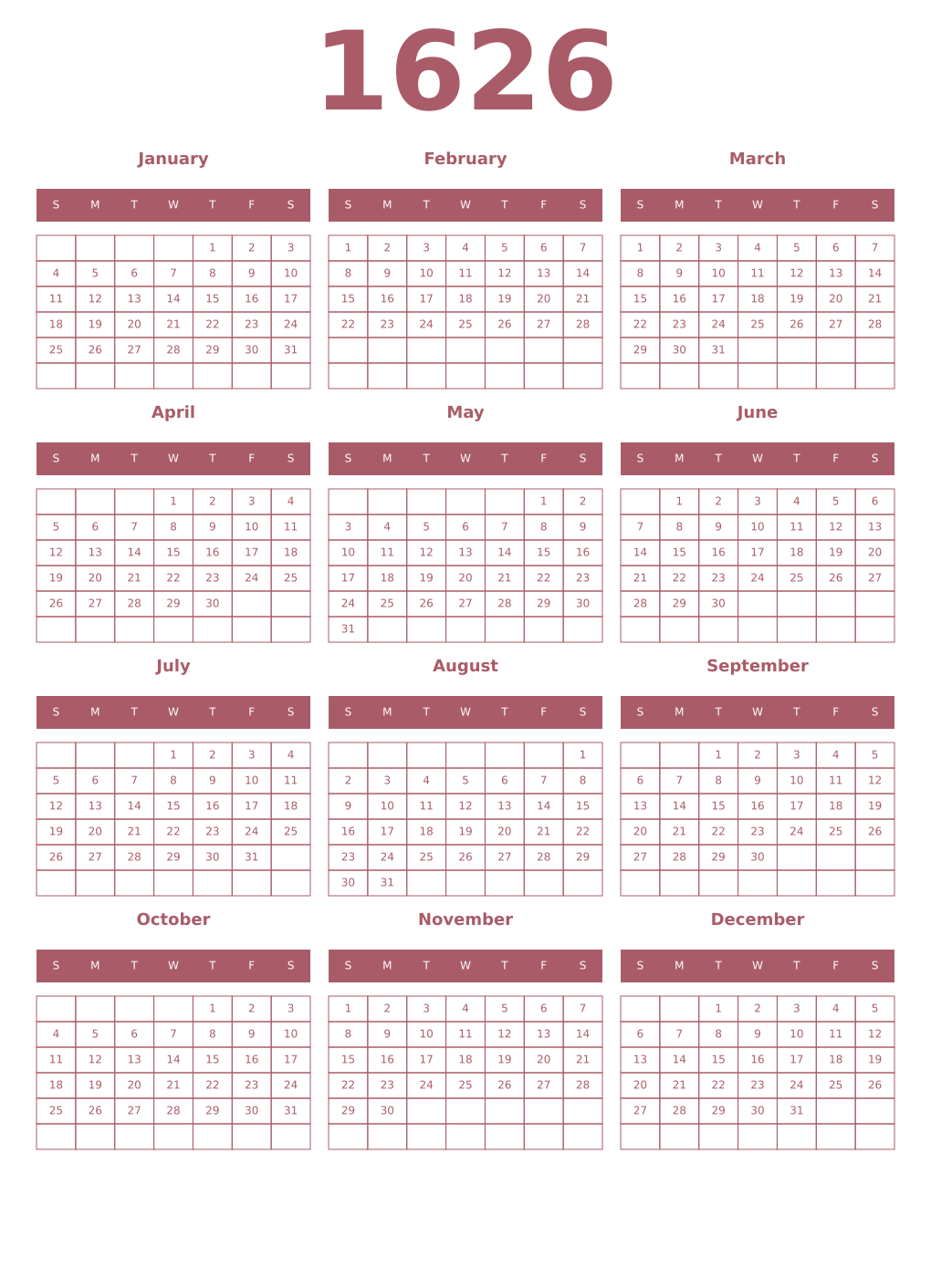 Printable 1626 Year Calendars puce