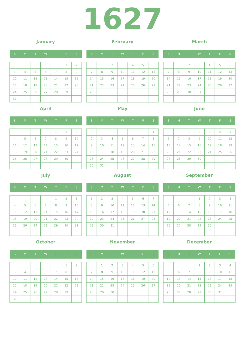 Printable 1627 Year Calendars celadon