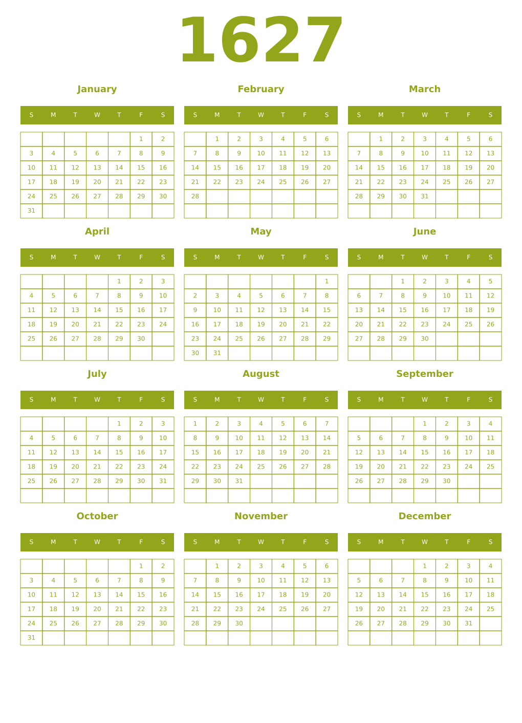 Printable 1627 Year Calendars chartreuse