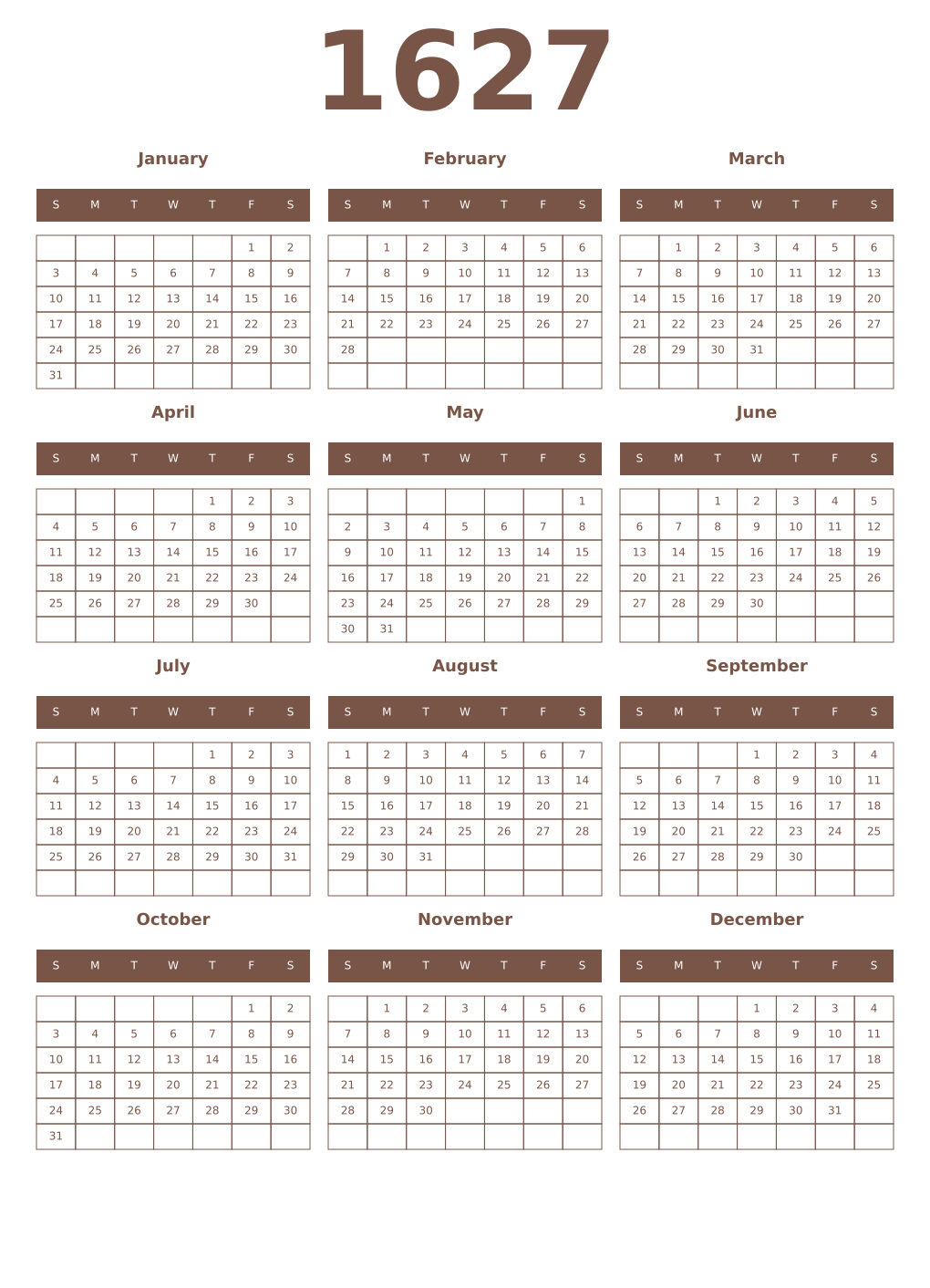 Printable 1627 Year Calendars coffe