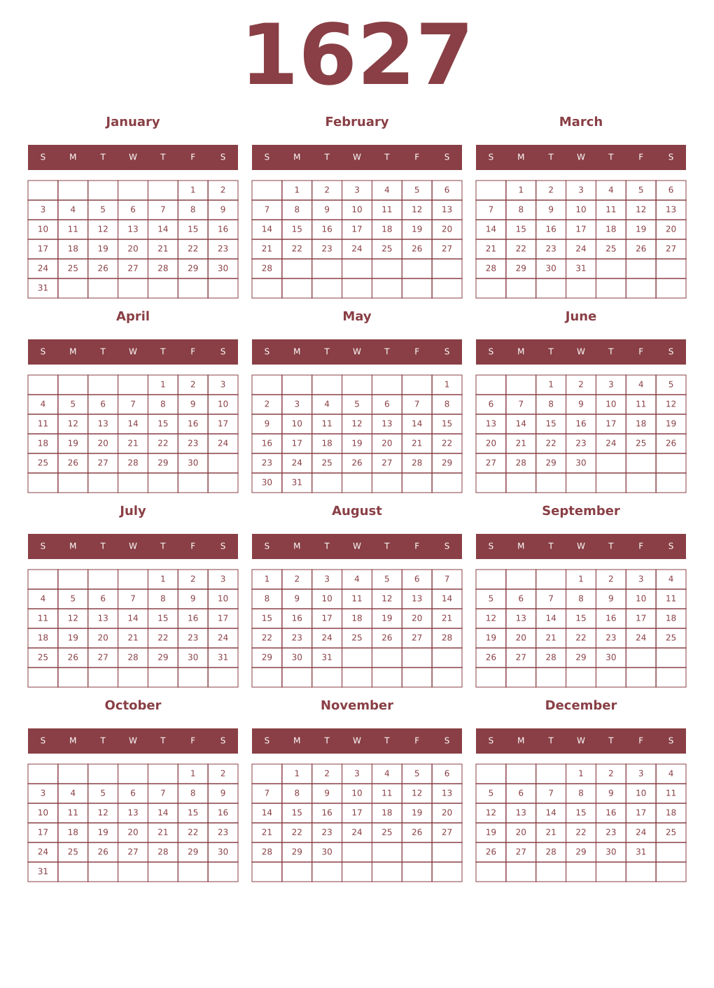 Printable 1627 Year Calendars cordovan