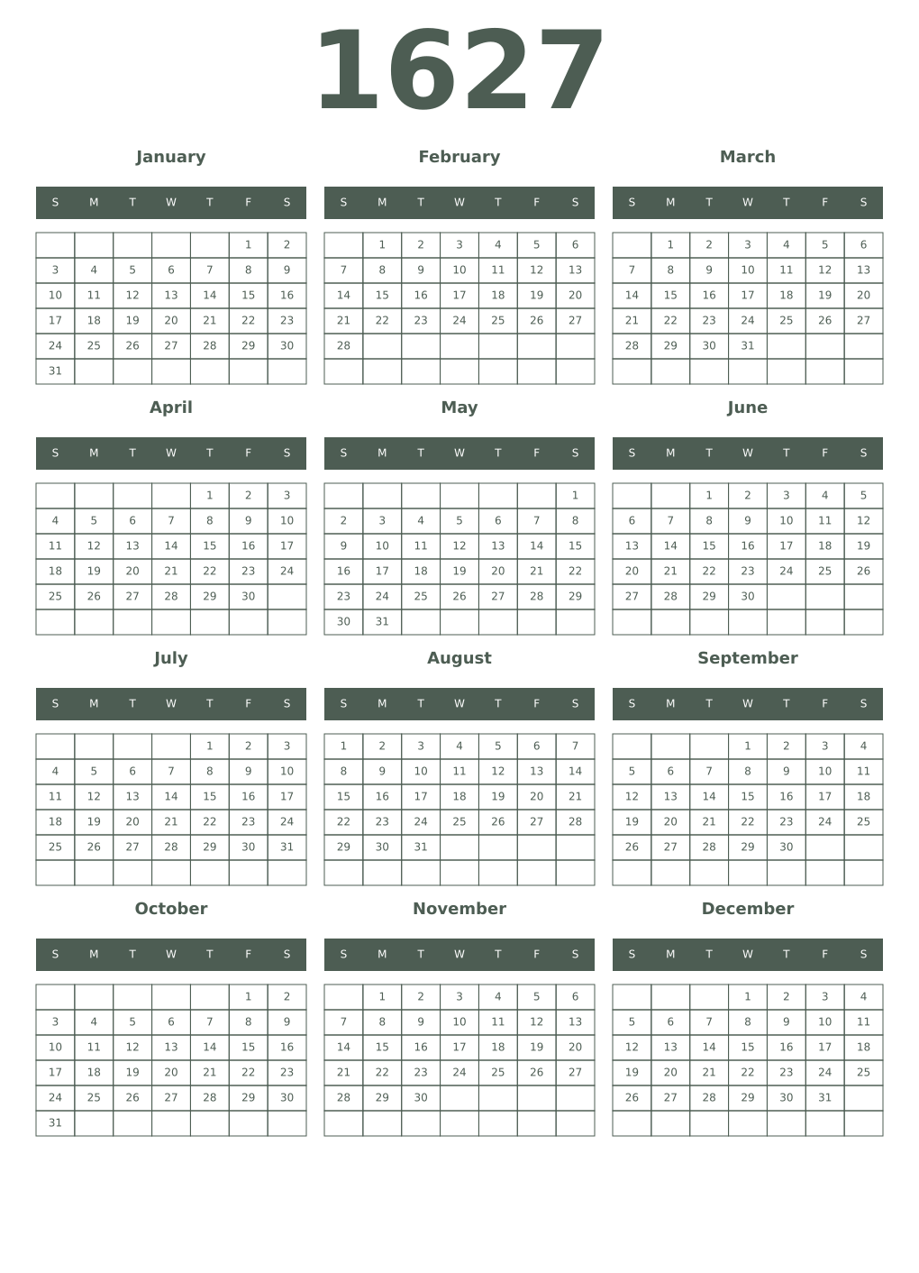 Printable 1627 Year Calendars feldgrau