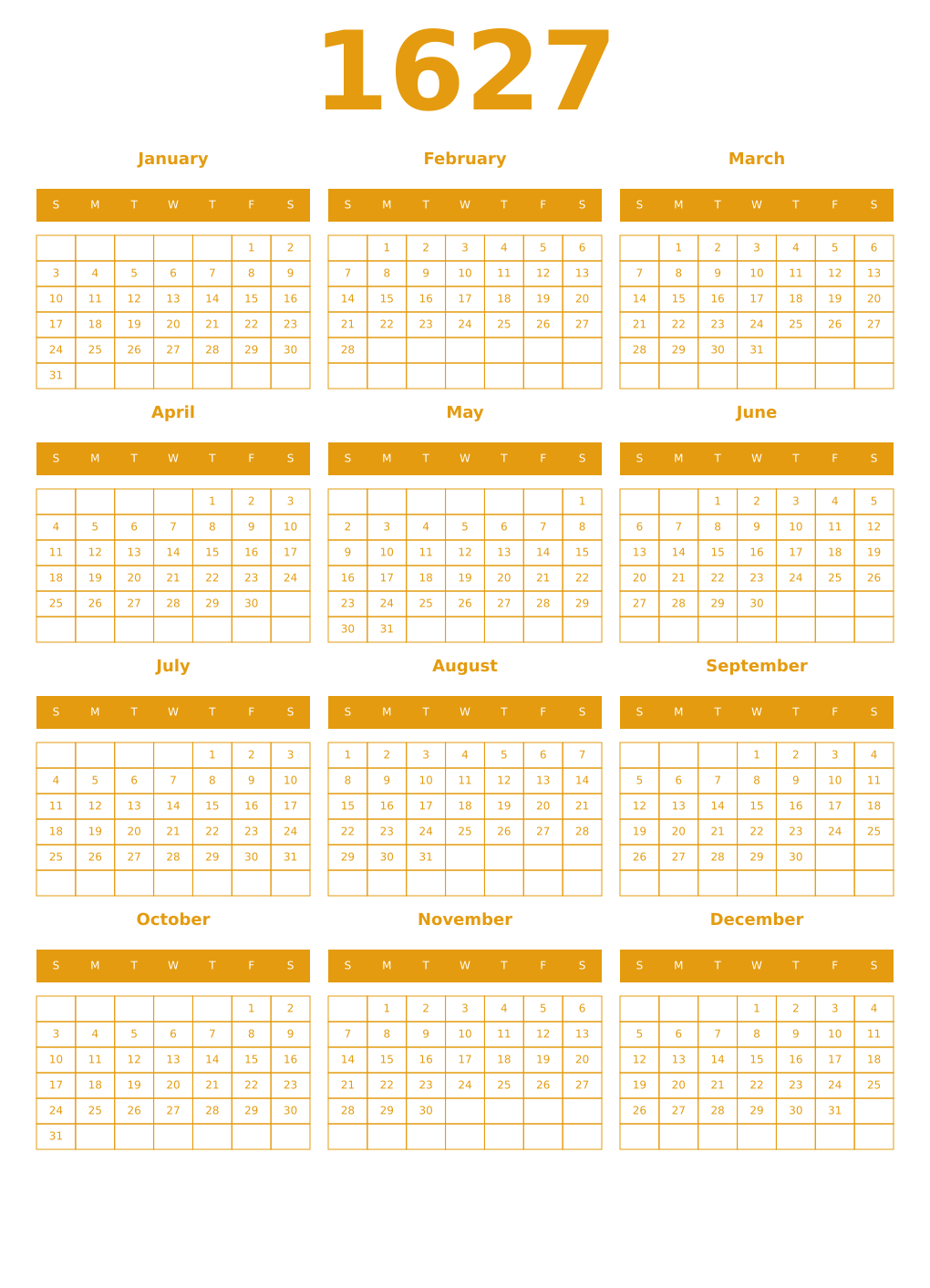 Printable 1627 Year Calendars gamboge