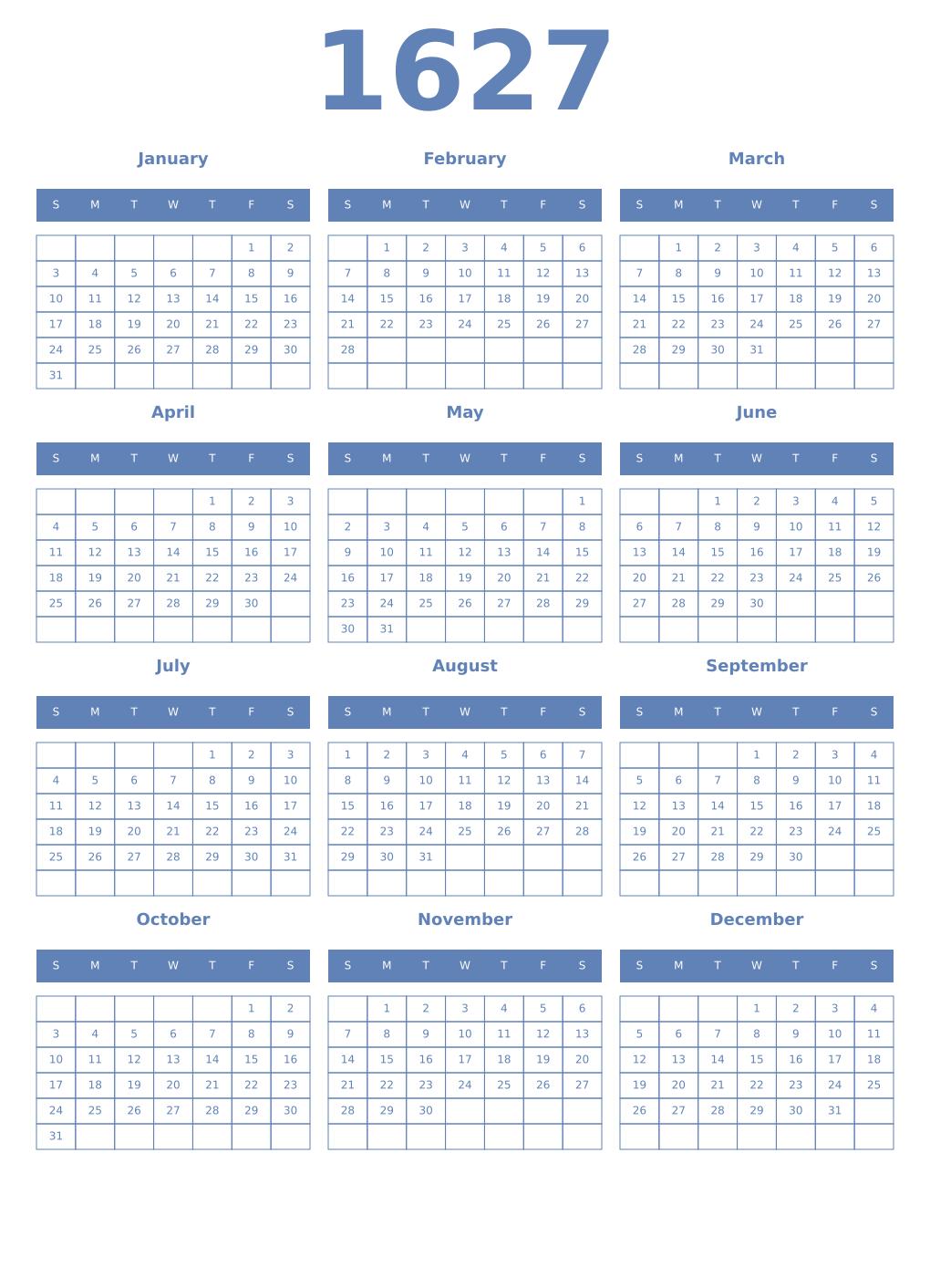 Printable 1627 Year Calendars glaucous