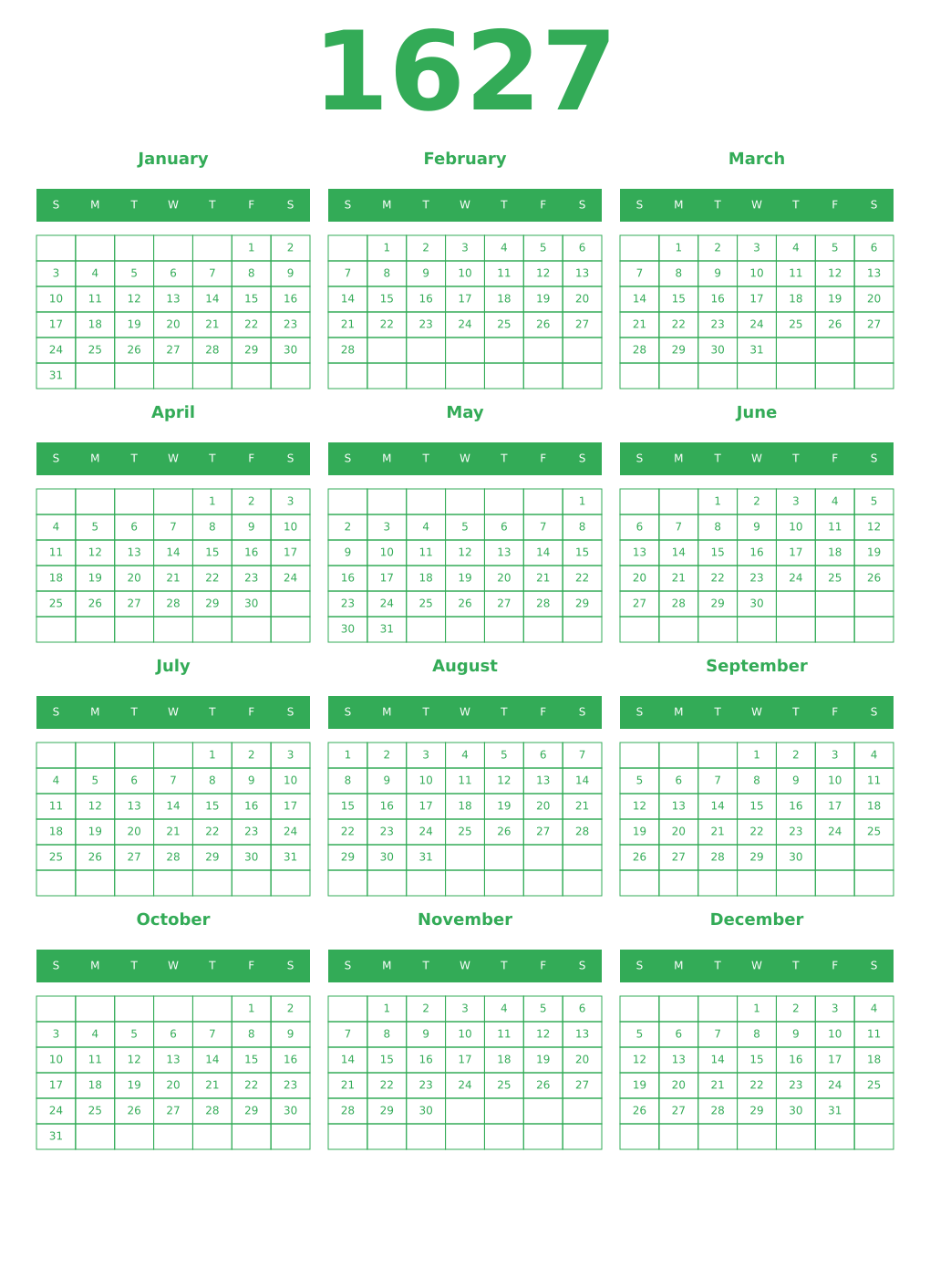 Printable 1627 Year Calendars green