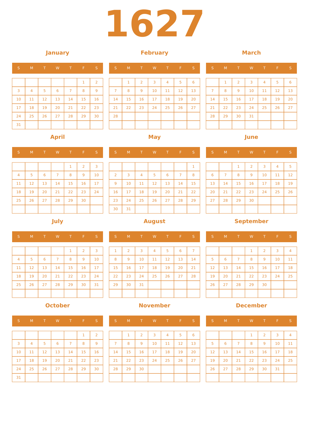 Printable 1627 Year Calendars orange