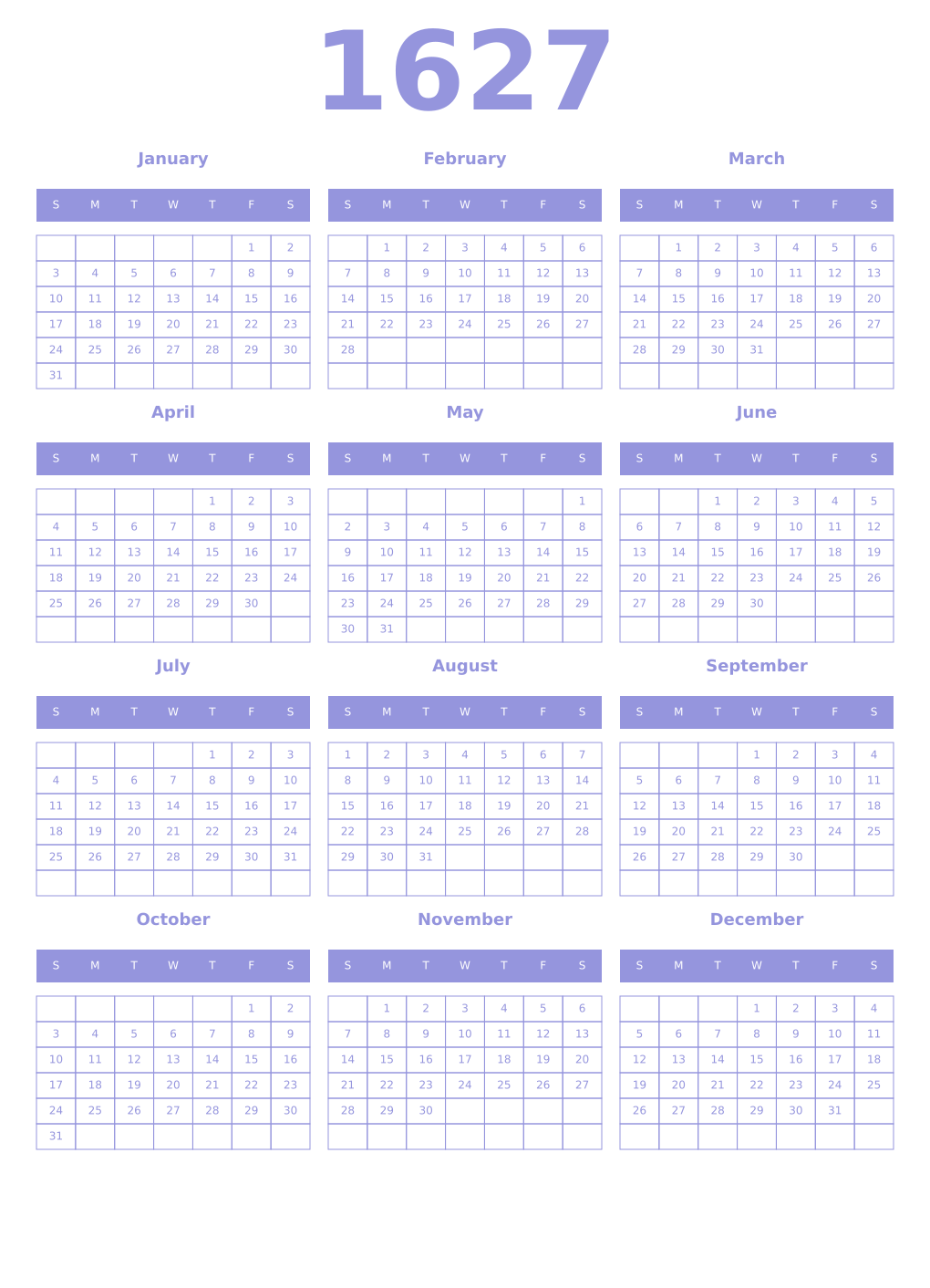 Printable 1627 Year Calendars periwinkle