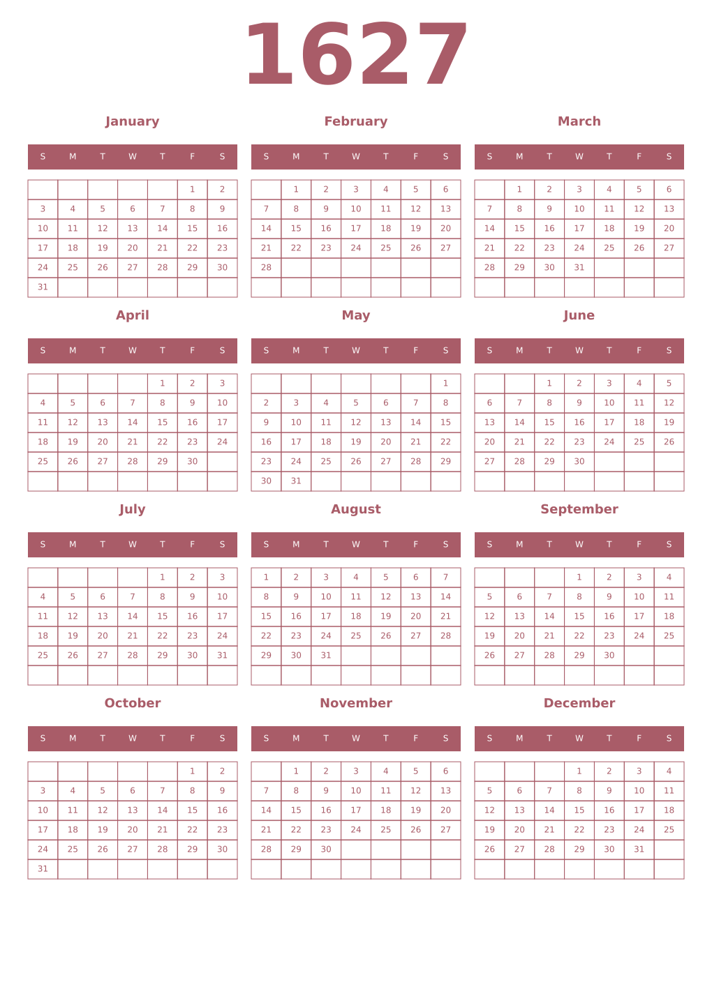 Printable 1627 Year Calendars puce
