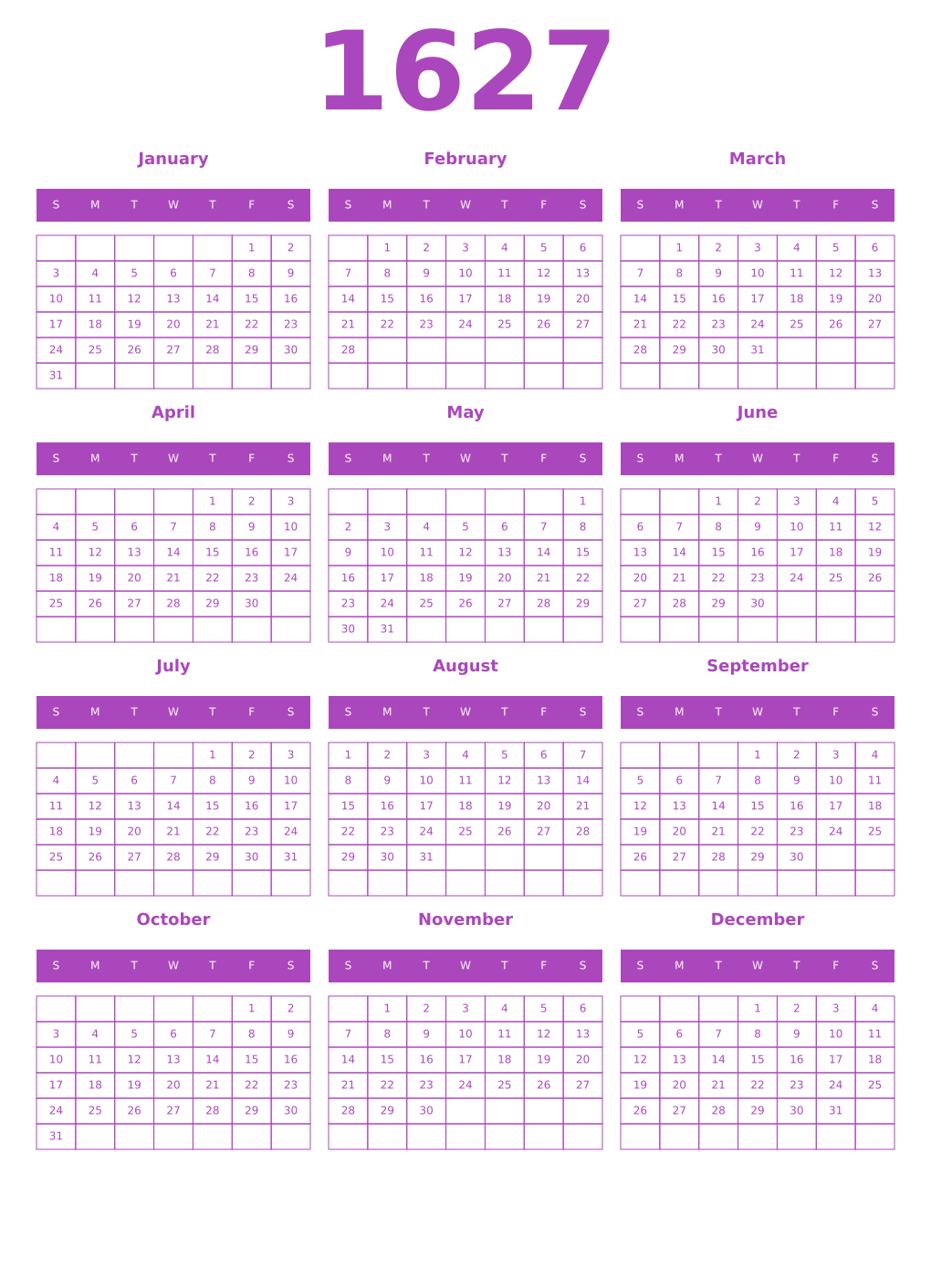 Printable 1627 Year Calendars purple