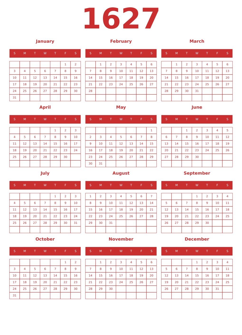 Printable 1627 Year Calendars red