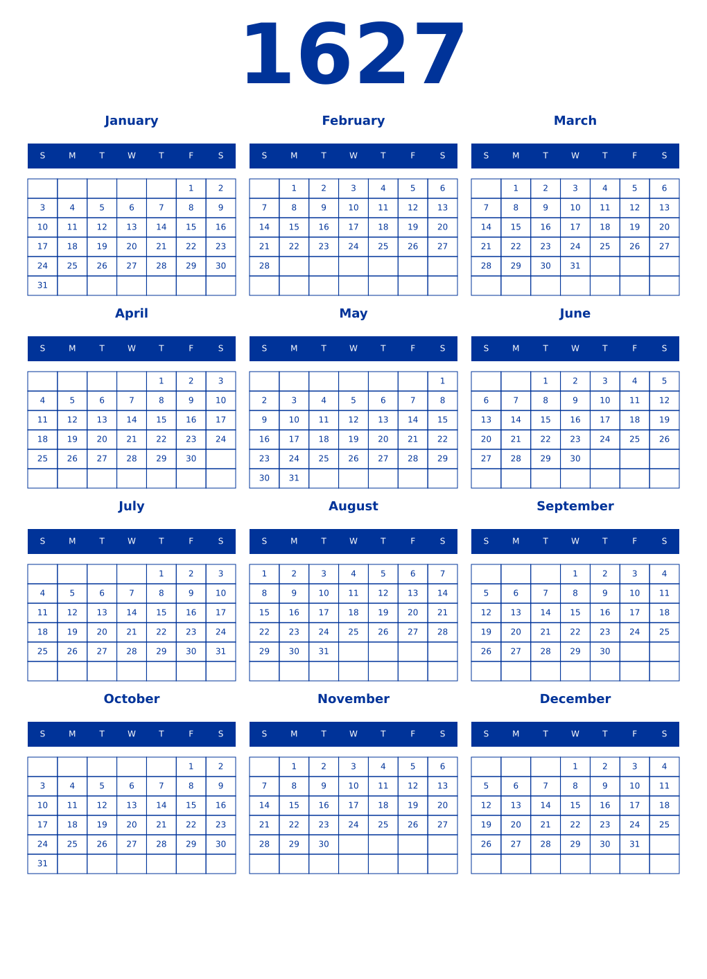 Printable 1627 Year Calendars smalt