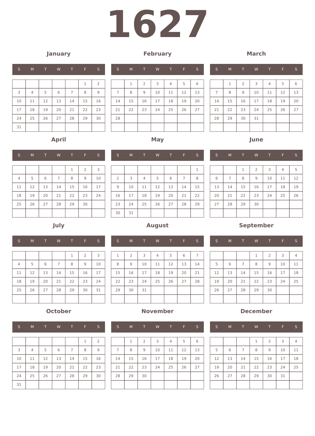 Printable 1627 Year Calendars wenge