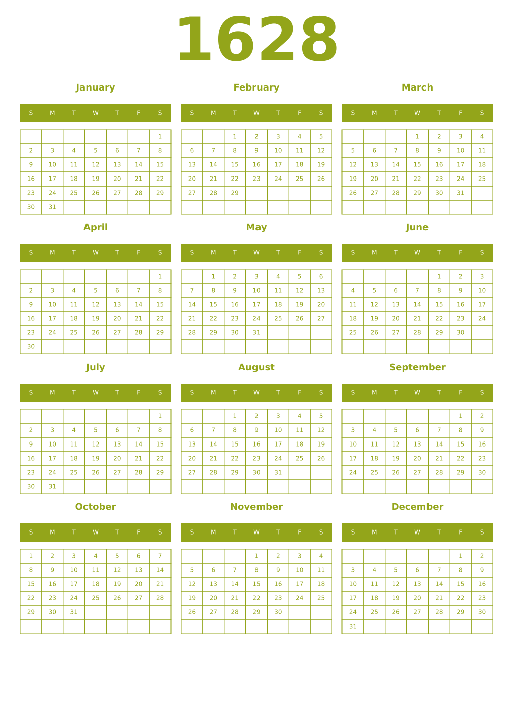 Printable 1628 Year Calendars chartreuse