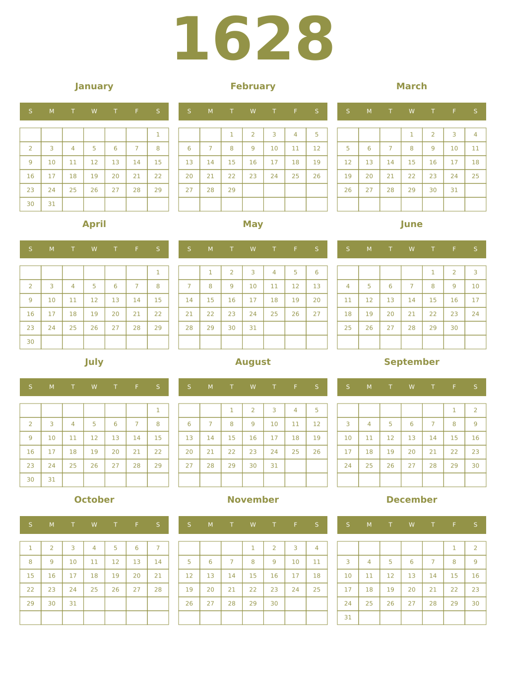 Printable 1628 Year Calendars eburnean