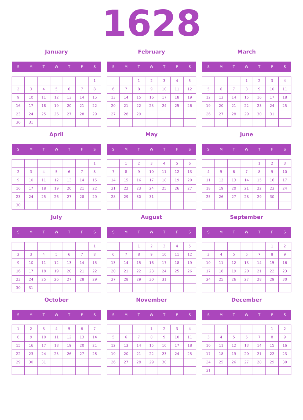 Printable 1628 Year Calendars purple