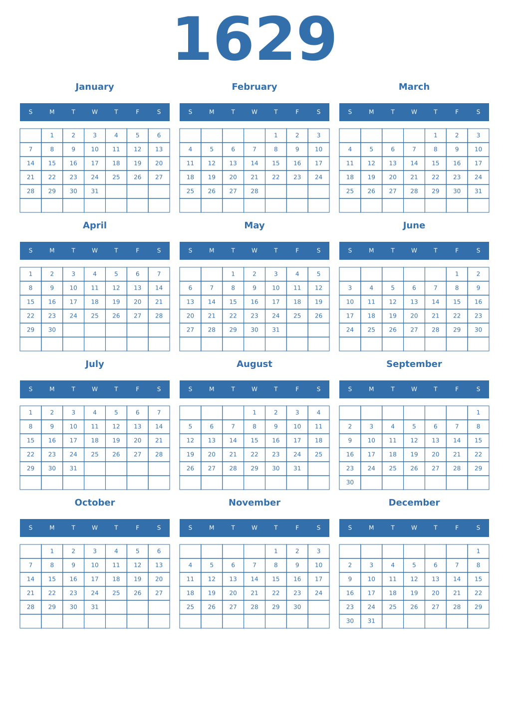 Printable 1629 Year Calendars blue