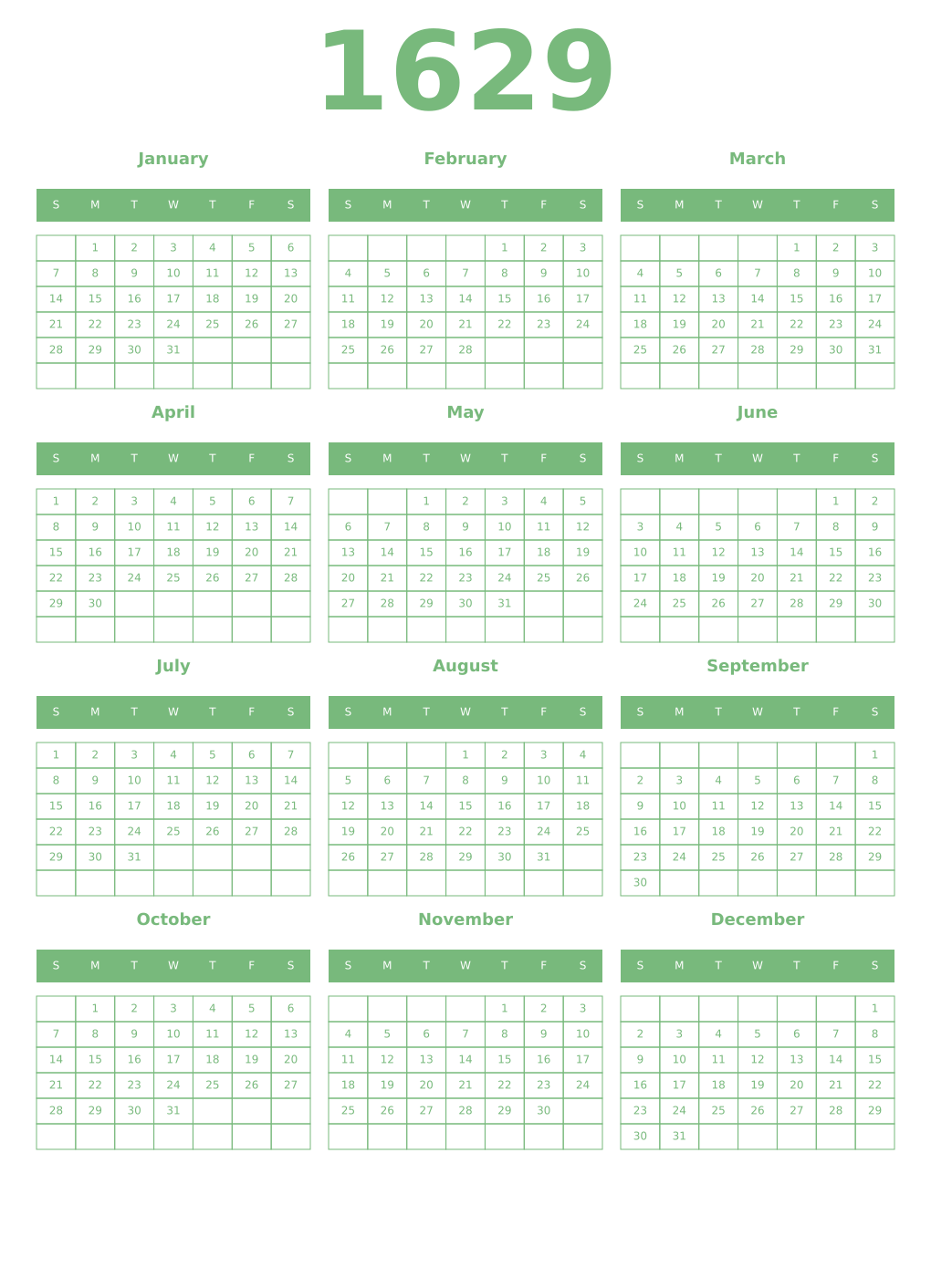 Printable 1629 Year Calendars celadon