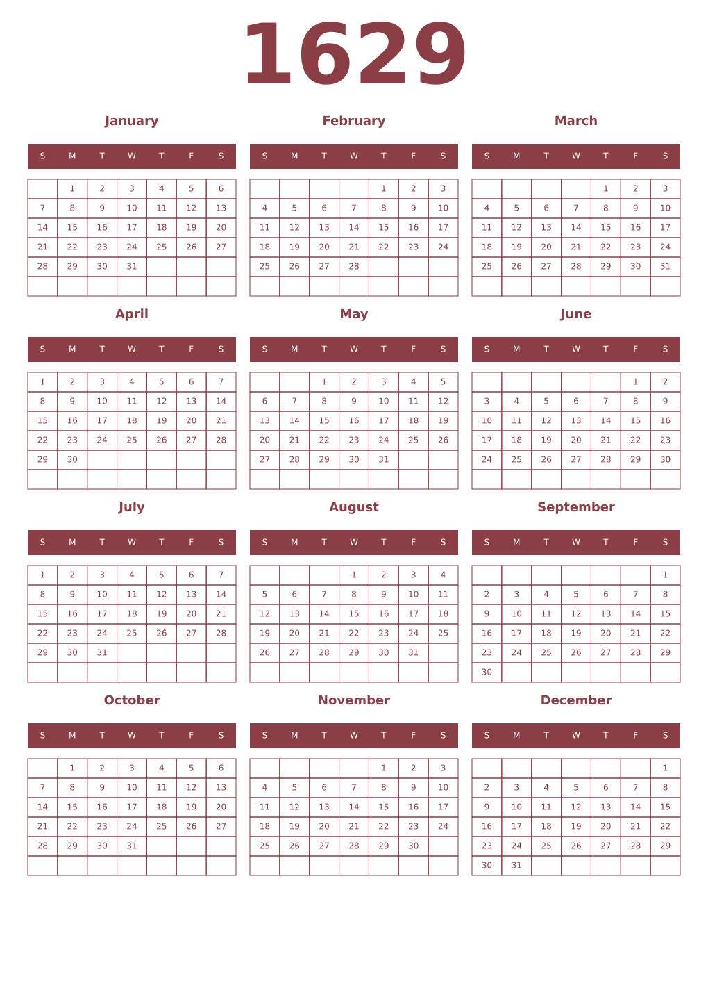 Printable 1629 Year Calendars cordovan