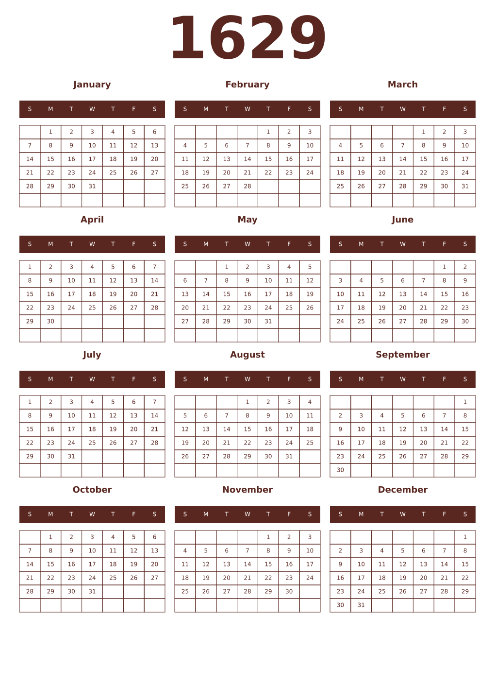Printable 1629 Year Calendars mortuum