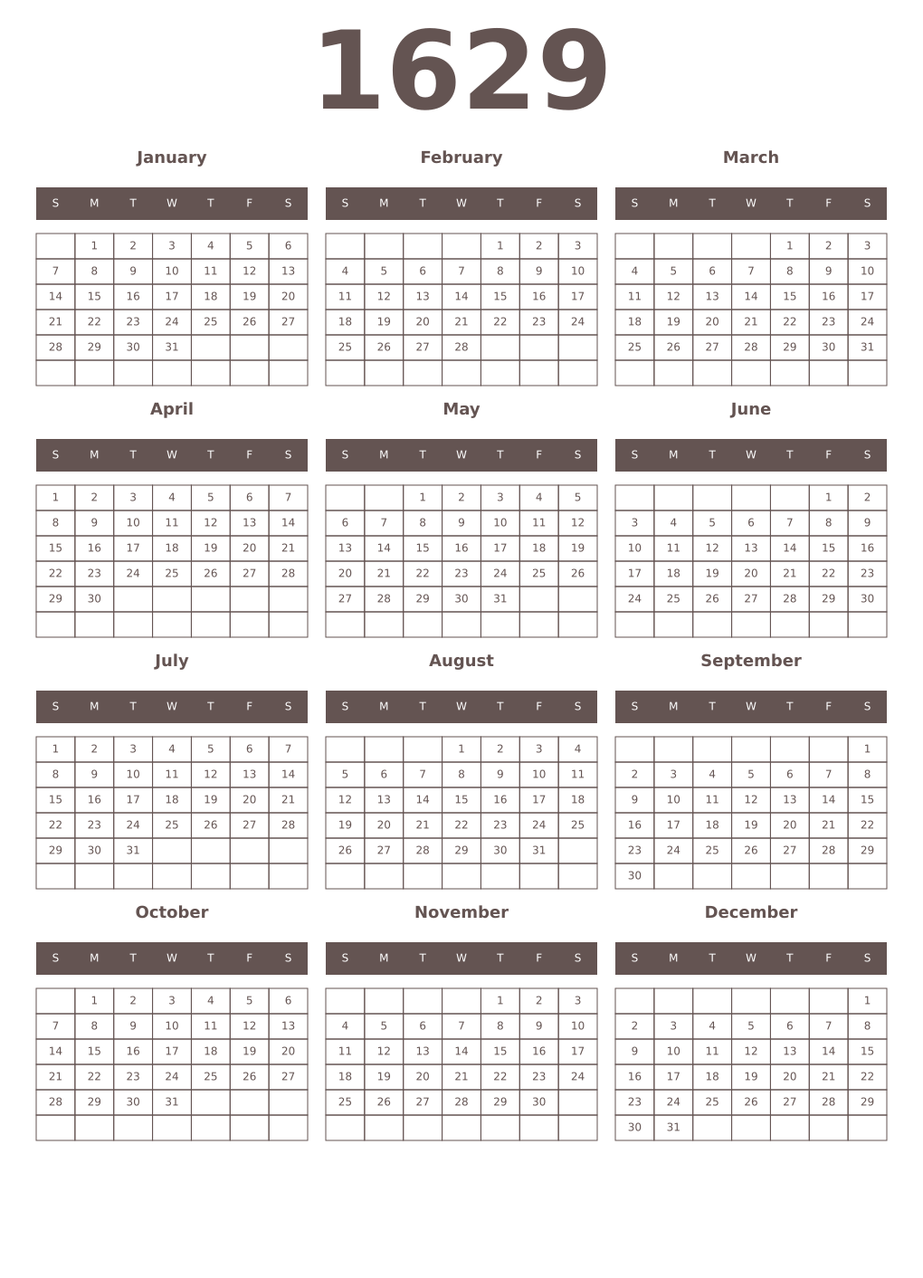 Printable 1629 Year Calendars wenge